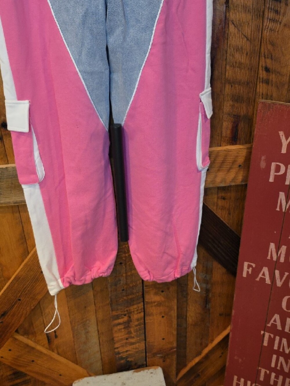 042p Colorblock Pink and Light Blue Cargo Joggers with Drawstring Waist - Picture 11 of 12